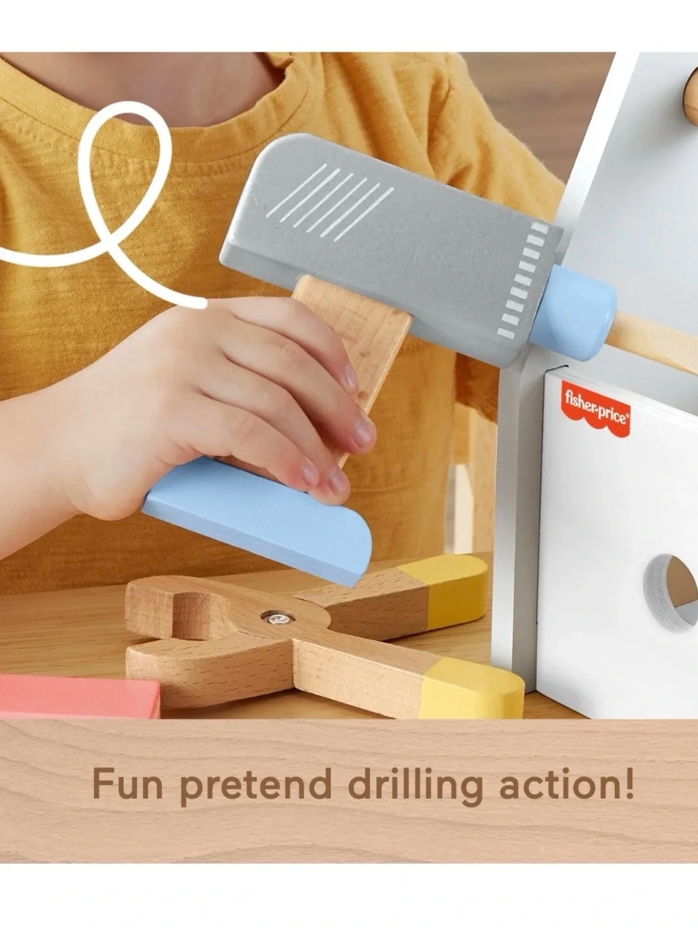 Fisher-Price Wooden Tool Box with Toy Drill Hammer Pliers Saw Wrench *NEW*